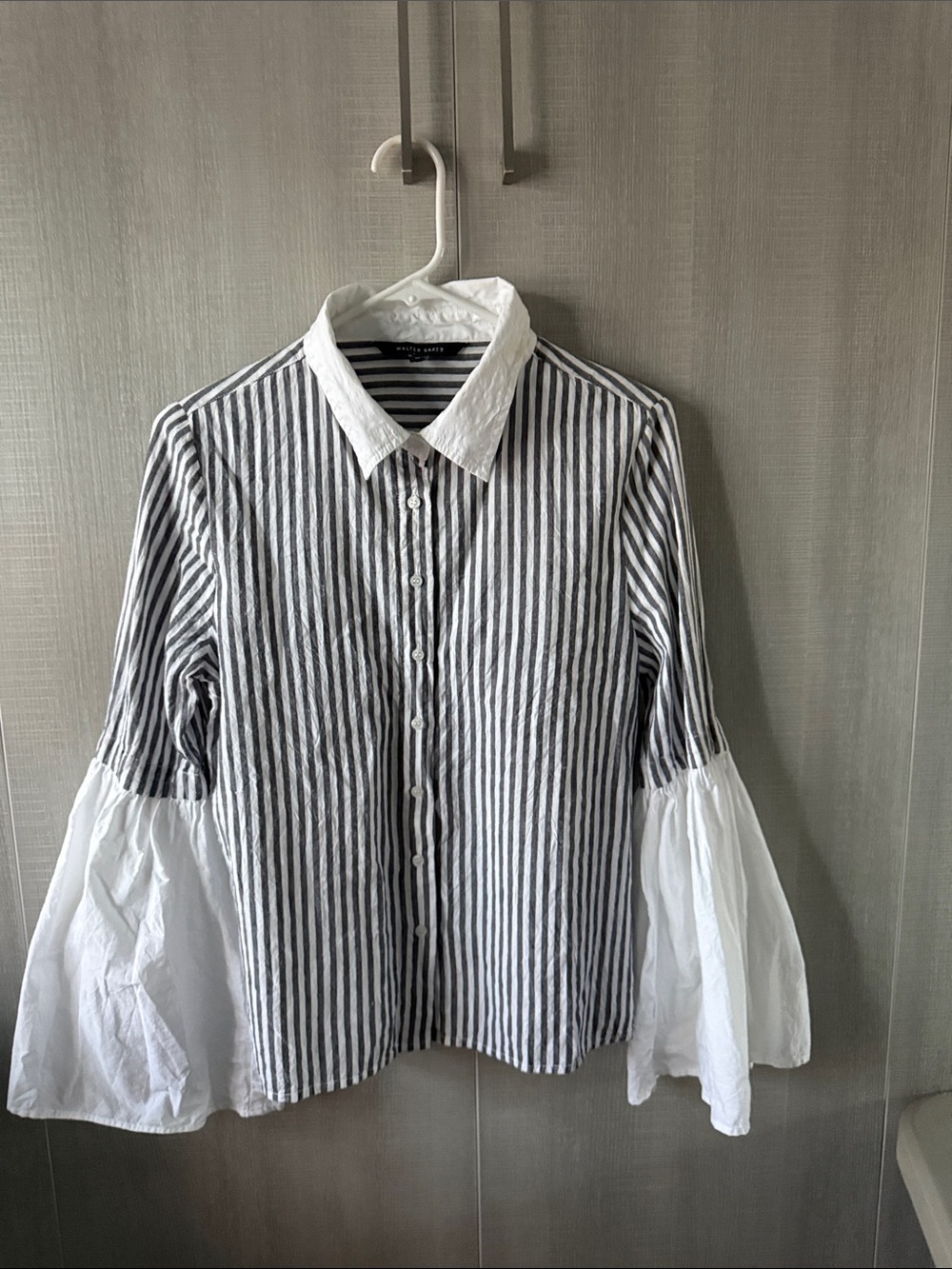 Walter Baker Grey and White Striped Button-Down Blouse with White Bell Sleeves